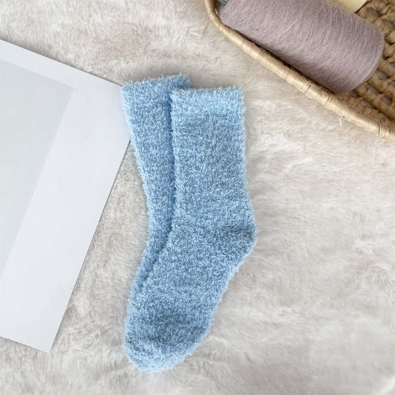Wuxian Fluffy Socks Fuzzy Thick Thermal Solid Color Coral Velvet Crew Socks Warm Sleeping Stocking Fuzzy Socks,Sky Blue,One Size