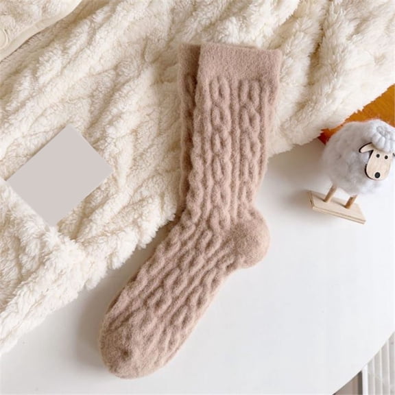 Wuxian Fluffy Socks Knitting Thick Warm Wool Crew Socks Leisure Soft Solid Color Relaxed Trendy Stocking Fuzzy Socks,Khaki,One Size