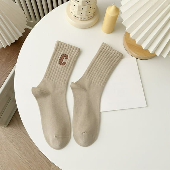 Wuxian Fluffy Socks Ladies Embroidered Letter Knitted Leisure Soft Boat Socks Solid Color Stylish Crew Sock Soft Fuzzy Socks,Khaki,One Size