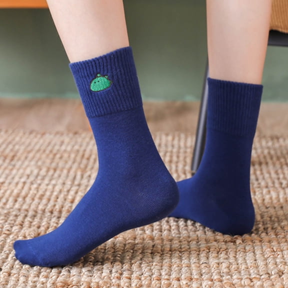 Wuxian Funny Socks Ladies Cute Dinosaur Embroidery Knitted Ribbed Cotton Crew Socks Leisure Soft Comfy Breathable Lightweight Footwear,Blue,M