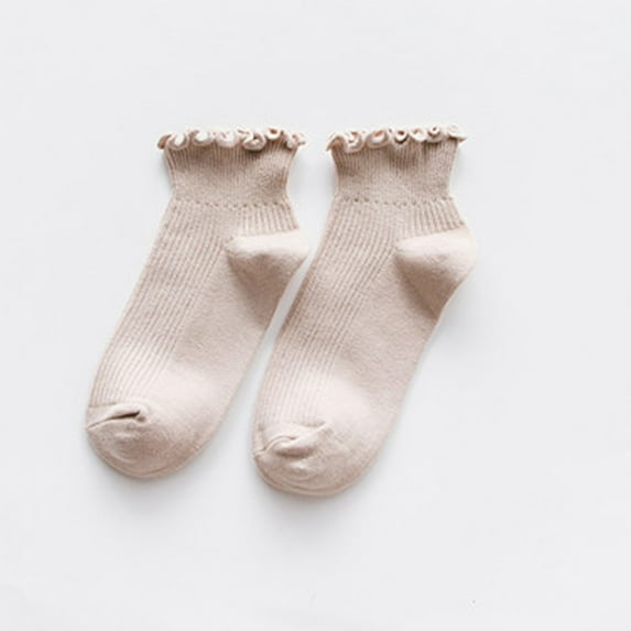 Wuxian Funny Socks Ruffles Knitted Leisure Soft Boat Socks Solid Color Stylish Crew Sock Soft Comfy Dailywear,Beige,One Size
