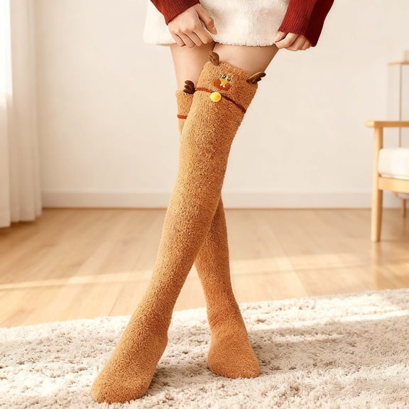 Wuxian Funny Socks Winter Cute Deer Xmas Embroidery Thick Lined Fuzzy Over The Knee Socks With Pom Poms Plush Cozy Warm Stockings Fuzzy Socks,Brown,One Size