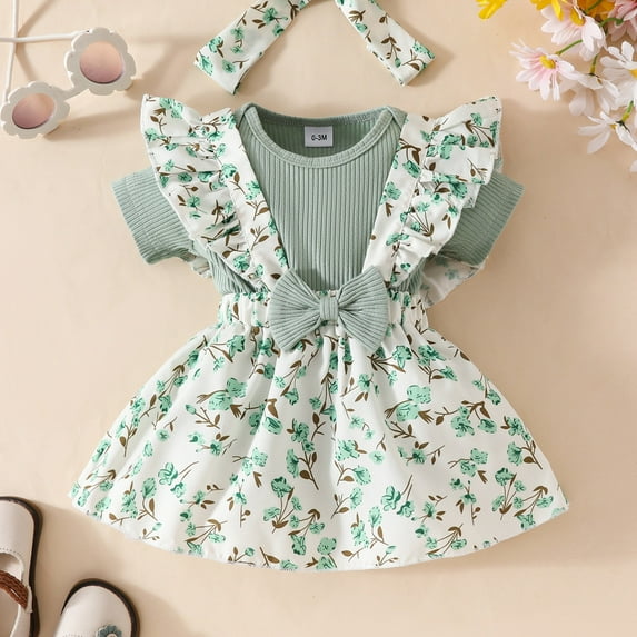 Wuxian Girls Baby Toddler Romper Dress Long Sleeve Ribbed Knitted Ruffles Floral Print Cute Bow Bodysuits With Headband 2 Piece Fashionable Elegant Cozy Summer Set,Green,12-18 Months
