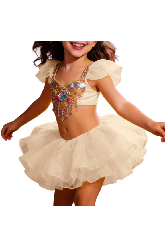 Girls Ballet Tutu Skirt Dancewear Lace Tiered High Waist Solid Sparkly Leotard Skirts For Carnival Festival Performance,Beige,3-6 Years