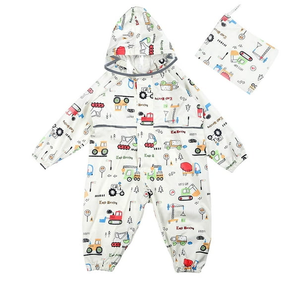 Wuxian Girls Boys Baby Rain Suit One Piece Hoodie Zipper Cartoon Waterproof Coverall Rain Jacket Raincoat,White,8-9 Years
