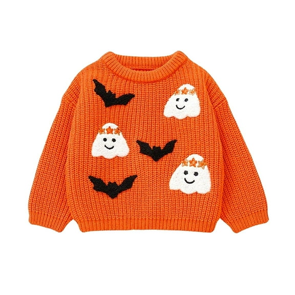 Wuxian Girls Boys Halloween Sweaters Casual Classic Crewneck Pumpkin Embroidery Knited Top Long Sleeve Pullovers For Toddlers Soft Comfortable Fall Winter Basic Warm Outwear,9-12 Months