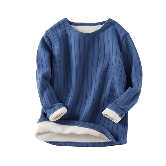 Wuxian Girls Boys Long Sleeve Ribbed Solid Thick Wool Fuzzy Fall Winter Warm Undershirt Thermal Soft Comfy Top,Dark Blue,5-6 Years