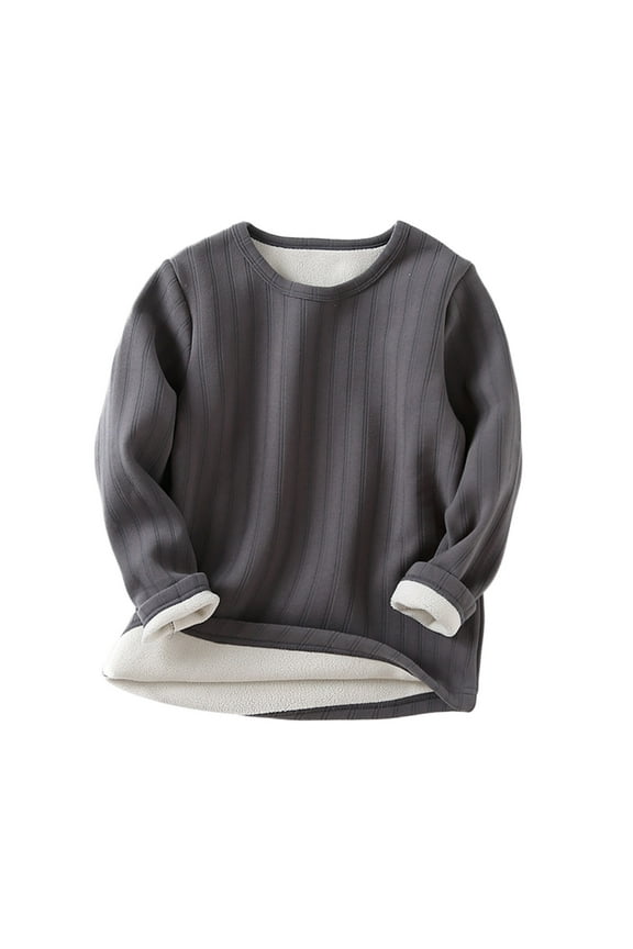 Girls Boys Long Sleeve Ribbed Solid Thick Wool Fuzzy Fall Winter Warm Undershirt Thermal Soft Comfy Top,Dark Gray,5-6 Years