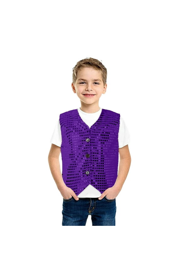 Girls Boys Sequins Vest Sleeveless Solid Color Button Jazz Hop Street Dance Jacket Stage Performance Party Waistcoat,Purple,10-12 Years