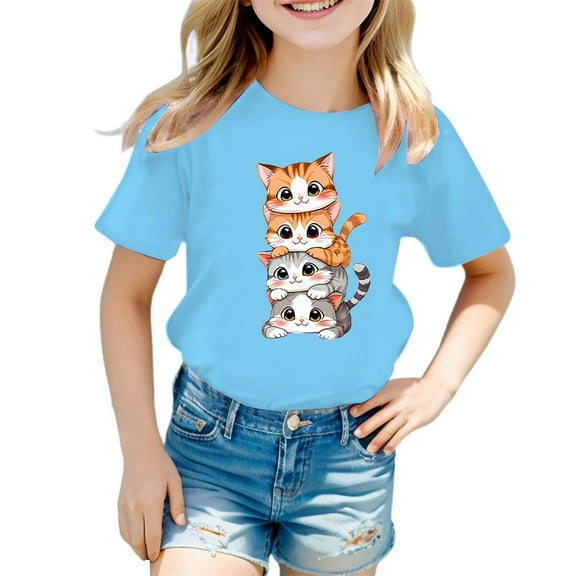 Wuxian Girls Boys Tops Short Sleeve Round Neck Graphic T-Shirt Top Funny Cat Print Cotton Tee Casual Summer Tee Shirt,Blue,9-10 Years