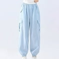 thumbnail image 1 of Wuxian Girls Cargo Pants Solid Color High Waist Wide Leg Drawstring Elastic Baggy Sweatpants Multi Pockets Ankle-Tied Active Joggers Casual Travel Hiking Streetwear Trousers,Blue,4-5 Years, 1 of 4
