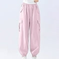 thumbnail image 1 of Wuxian Girls Cargo Pants Solid Color High Waist Wide Leg Drawstring Elastic Baggy Sweatpants Multi Pockets Ankle-Tied Active Joggers Casual Travel Hiking Streetwear Trousers,Pink,11-12 Years, 1 of 4
