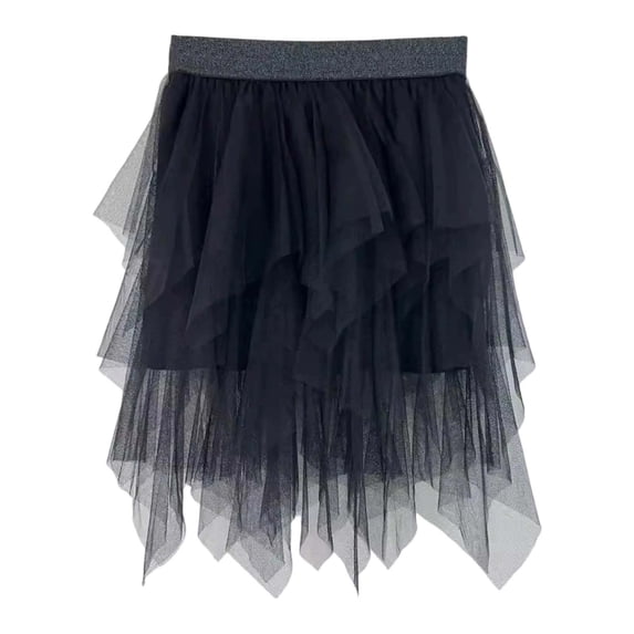 Wuxian Girls Carnival Dance Tutu Skirt Sequins Glitter Irregular Layered High Waist Ballet Party Trendy Tulle Midi Skirt,Black,2-3 Years