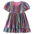 thumbnail image 1 of Wuxian Girls Carnival Spring Summer Sequin Dresses Rainbow Pleated Ruffle A-Line Casual Short Puff Sleeve Round Neck High Waist Sparkly Shiny Party Dress Flowy Skater Dress,Purple,8-9 Years, 1 of 4