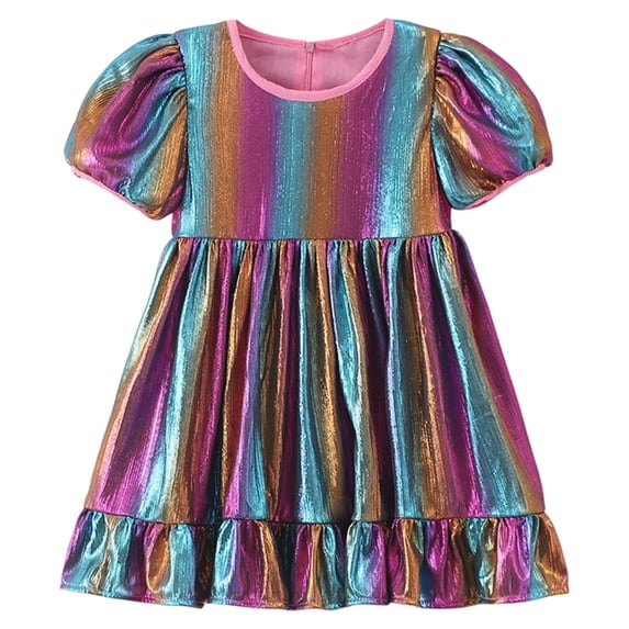 Wuxian Girls Carnival Spring Summer Sequin Dresses Rainbow Pleated Ruffle A-Line Casual Short Puff Sleeve Round Neck High Waist Sparkly Shiny Party Dress Flowy Skater Dress,Purple,8-9 Years
