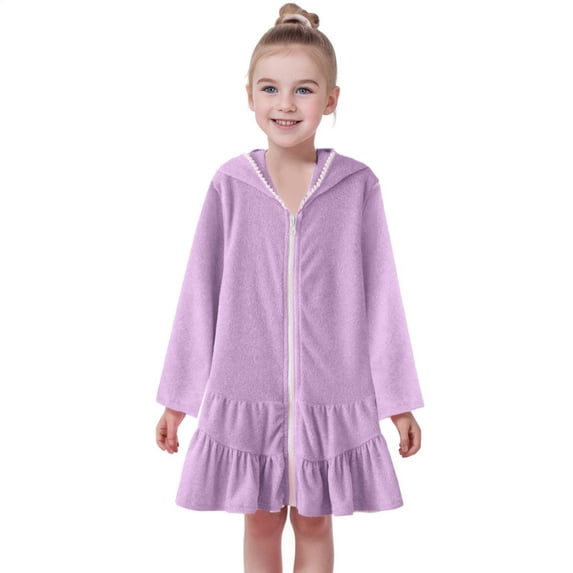 Wuxian Girls Child Swim Cover Up Solid Color Long Sleeve Hoodies Swimsuit Dresses Full Zip Up Ruffles Fashionable Bathing Suit Soft Bathrobe Beach Dress Summer Wedding Guest Dress,Purple,5-6 Years