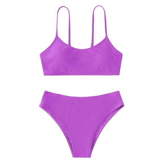 Wuxian Girls Children Swimsuit 2 Piece Swimsuit Solid Color Spaghetti Strap Bikini Sets Beach Swimwear For Teen Kids Swimsuit,Purple,13-14 Years