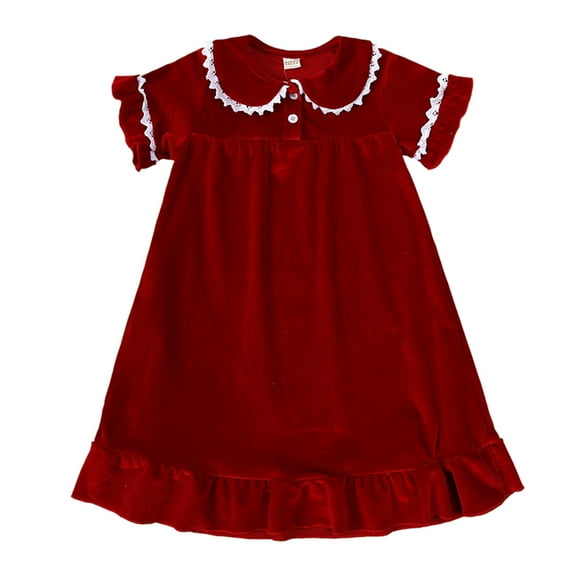 Wuxian Girls Christmas Dress Peter Pan Collar Lace Trim Short Sleeve Button Ruffles Bathrobe Velvet Sleepdress A-Line Princess Dresses Soft Cozy Clothes Dailywear Christmas Dress,Red,8-9 Years