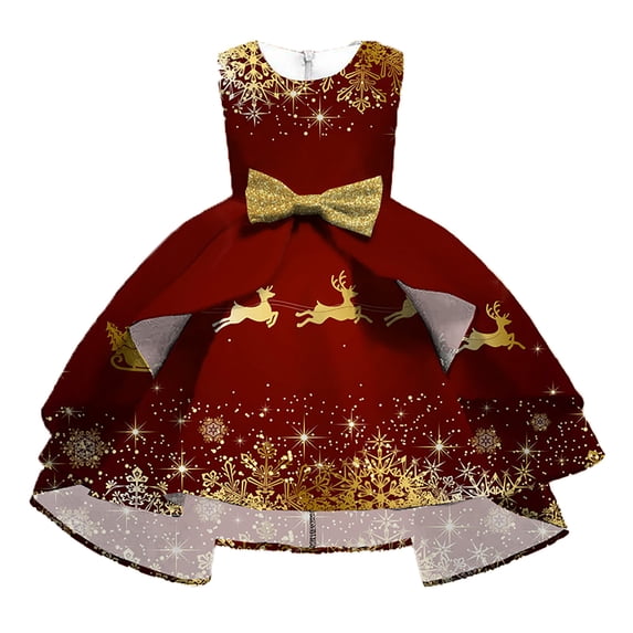 Wuxian Girls Christmas Dress Sleeveless Round Neck Sparkly Santa Deer Snowman Christmas Pattern A-Line Dress Party Prom Formal Gowns Outfits Holiday Party Dress,Brick Red,9-10 Years