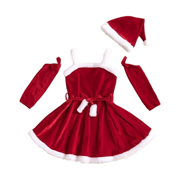 Wuxian Girls Christmas Dress Spaghetti Strap Sleeveless Fuzzy Thick Warm Plush Trim High Waist Velvet Dress Detachable Sleeves Belt Hat Holiday Party Pageant Outfits Casual Sundress,Red,1-2 Years