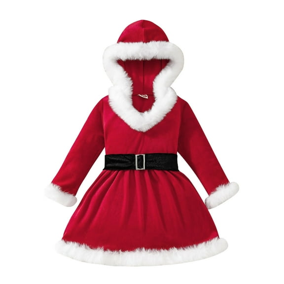 Wuxian Girls Christmas Santa Dresses Suit Winter Fuzzy Thermal Clothing Ruffled Long Sleeve Hooded Plush Trim With Belt A-Line Dress Stylish Outwear Christmas Dress,Red,3-4 Years