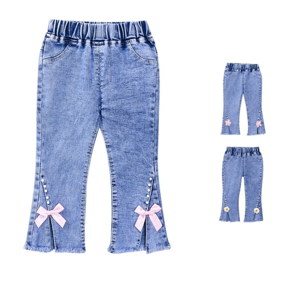 Wuxian Girls Denim Jeans Flared Pants Wide Leg Solid Color Elastic Waist Button Flower Denim Trousers Toddler Fashion Comfort Soft Daily Wear,Pink,12-18 Months