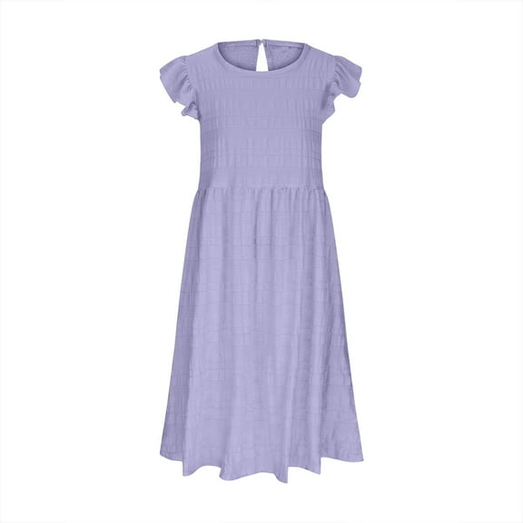 Wuxian Girls Dresses Ruffle Sleeveless Classic Casual Crewneck Solid Color Elastic Waist Dress For 6 15 Lightweight Cozy Stylish Dailywear Christmas Dress,Purple,14-16 Years