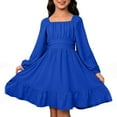 thumbnail image 1 of Wuxian Girls Elegant Dresses Casual Solid Color Square Collar Long Sleeve Ruffles Dress Midi Dress Relaxed Fit Cozy Dailywear Fall Dresses,Blue,10-11 Years, 1 of 6