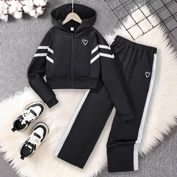 Wuxian Girls Fall Outfit Sweatshirt Suit Hoodie Long Sleeve Pullover Matching Trousers Color Block Letter Print Sport Sets Girls Cute Clothing Set,Black,13-14 Years