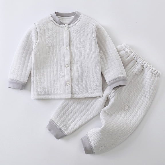 Wuxian Girls Fall Outfit Winter Warm Thermal Underwear Padded Button Jacket And Trousers Cozy Soft Relaxed Homewear Kids Clothing Set,Grey,3-4 Years