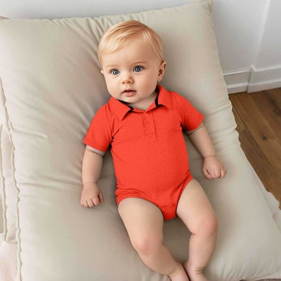 Wuxian Girls Fall Outfits Gentleman Polo Collar Romper Solid Color Short Sleeve Jumpsuit One Piece Bodysuits Cozy Sofy Clothing Sets,Orange,12-18 Months