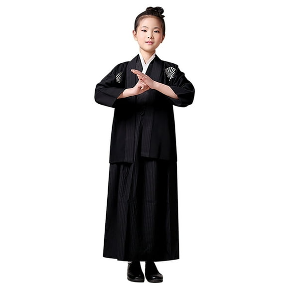 Wuxian Girls Fall Outfits Traditional Festival Dress Kimono Robe Floral Print Long Sleeve Oversized Soft Cozy Stylish Bathrobe Sleeping Wear Sets,Black,4-5 Years