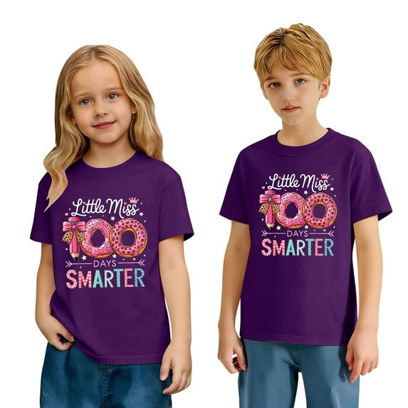 Wuxian Girls Fashion Happy 100Th Day Of School Shirts Letter Print Short Sleeve Tee Round Neck Loose Relaxed Casual Daily Wear Soft Blouse Graphic T-Shirt Comfy Activewear,Purple,3-4 Years