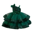 thumbnail image 1 of Wuxian Girls Formal Dresses Sleeveless One-Shoulder Spaghetti Strap Stylish Sequins Bid Bow Mesh Tutu Maxi Dress For Toddle Princess Gown Wedding Party Fall Dress,Dark Green,12-18 Months, 1 of 4