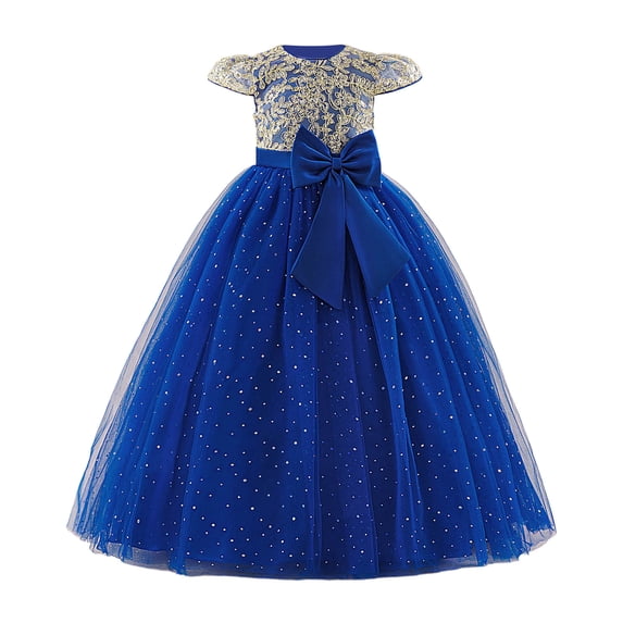 Wuxian Girls Formal Sequins Dress Embroidery Cap Sleeves Round Neck Big Bow Long Tutu Dresses Party Gown For Birthday Celebration Elegant Gowns,Blue,10-11 Years