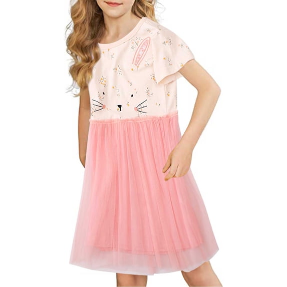 Wuxian Girls Girl'S Easter Bunny Dresses Casual Short Sleeve Crewneck Lace Tutu Tulle Dress Loose Tiered Layering Midi Casual Comfortable Cozy Sundress Summer Wedding Guest Dress,Pink,3 Years