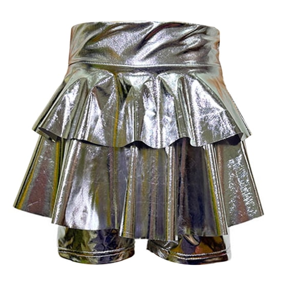 Wuxian Girls Glitter Tiered Mini Skirts Sequin Tiered Ruffle Hem High Waist Shiny Sparkly Party Performance Dance Skirt Dailywear,Silver,12-13 Years