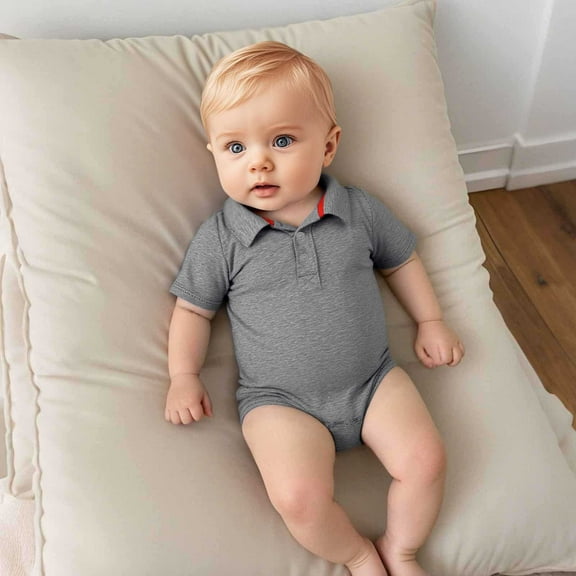 Wuxian Girls Holiday Outfits Gentleman Polo Collar Romper Solid Color Short Sleeve Jumpsuit One Piece Bodysuits Cozy Sofy Jogging Sets,Light Gray,3-6 Months