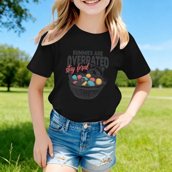 Wuxian Girls Kids Tops Shirts Short Sleeve Easter Bunny Letter Print Fashionable Casual Round Neck T Shirt Loose Fit Cozy Funny Graphic Tees Summer Relaxed Breathable Cozy Dailywear,Black,8-9 Years