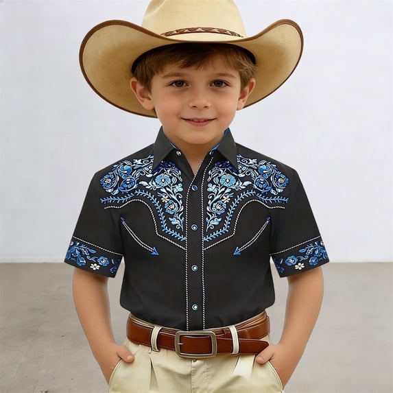 Wuxian Girls Kids Western Cowboy Print Shirt Button Down Floral Embroidery Short Sleeve Casual Top Elegant Fashionable Casual Cozy Cute Basic Tees,Black1,8-9 Years