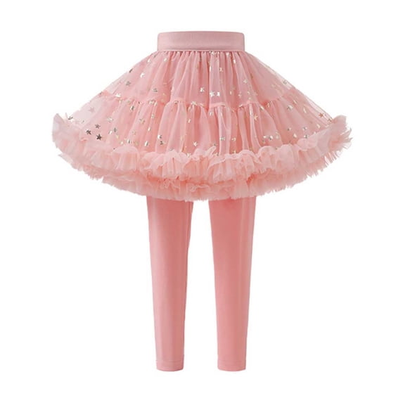 Wuxian Girls Leggings Pants Stars Sequin Tutu Skirts Solid Color High Waist Tiered Footless Ruffle Stretchy Pantskirt Tights Trousers Set Gym Yoga Ballet Dancewear,Light Pink,5-6 Years