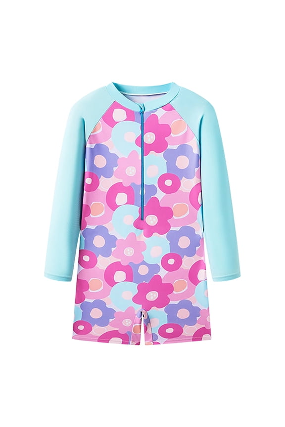 Girls Toddler One Piece Swimsuit Long Sleeve Round Neck Full Zip Up Floral Print Upf 50+ Beach Rashguard Swimwear Uv Protection Sunsuit Rash Guard Suits Swim Clothes Set,10-11 Years