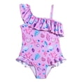 thumbnail image 1 of Wuxian Girls Onepiece Swimsuit Fashionable Asymmetric Striped Straps One Shoulder Cute Fashion Print Casual Tankini Bathing Suit Tummy Control Summer Stylish Beachwear Swimwear,Purple,3-4 Years, 1 of 7