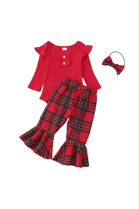 Girls Outfits 3 Piece Button Crewneck Long Sleeve Ruffle Trim Solid Ribbed Romper With Plaid Flared Pants And Headband Stylish Comfort Soft Cozy Dailywear,Red,3-6 Months