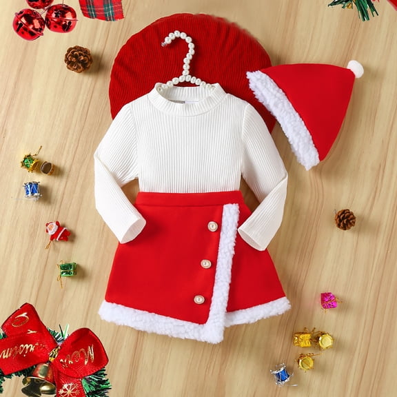 Wuxian Girls Outfits Christmas Suit Knitted Long Sleeve High Neck Shirt And Wool Fuzzy Skirt With Cute Hat 3 Piece Party Dress Kids Clothing Set,Red,2-3 Years