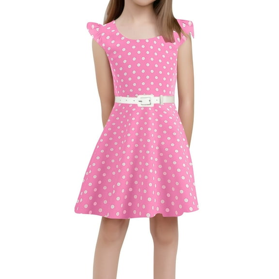 Wuxian Girls Outfits Dresses Ruffled Sleeveless Round Neck Polka Dot Gown Dress Princess Clothes With Belt For Children Stylish Dailywear Winter Dress,Pink,4-5 Years