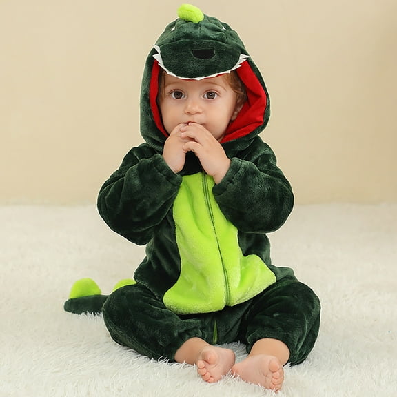 Wuxian Girls Outfits Fuzzy Thick Warm Dinosaur Romper Soft Cozy Long Sleeve Zip Up Bodysuit One Piece Jumpsuit Homewear Girls Cute Clothing Set,Dark Green,2-3 Years