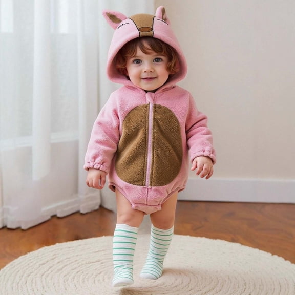 Wuxian Girls Outfits Romper Long Sleeve Hooded Bodysuit Fuzzy Color Block Full Zip Up Jumpsuit Fall Winter Girls Outfits,Light Pink,1-3 Months