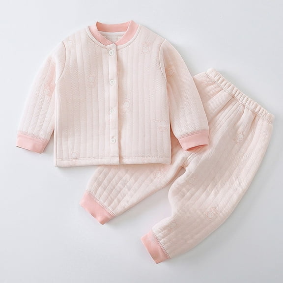 Wuxian Girls Outfits Winter Warm Thermal Underwear Padded Button Jacket And Trousers Cozy Soft Relaxed Homewear Fall Winter Clothing For Girls,Pink,18-24 Months