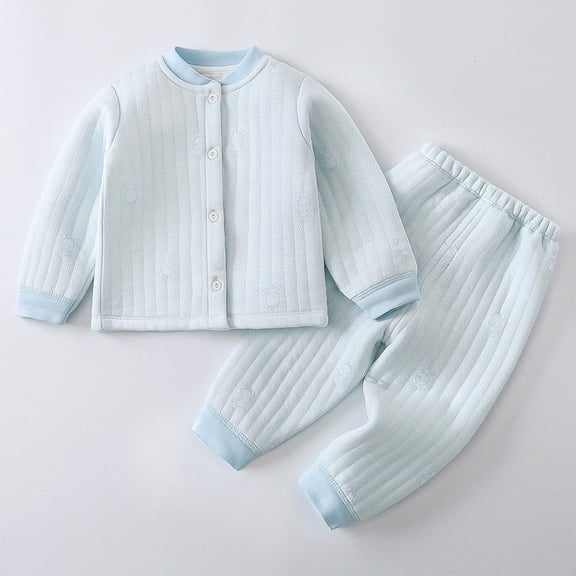 Wuxian Girls Outfits Winter Warm Thermal Underwear Padded Button Jacket And Trousers Cozy Soft Relaxed Homewear Girls Cute Clothing Set,Sky Blue,3-6 Months